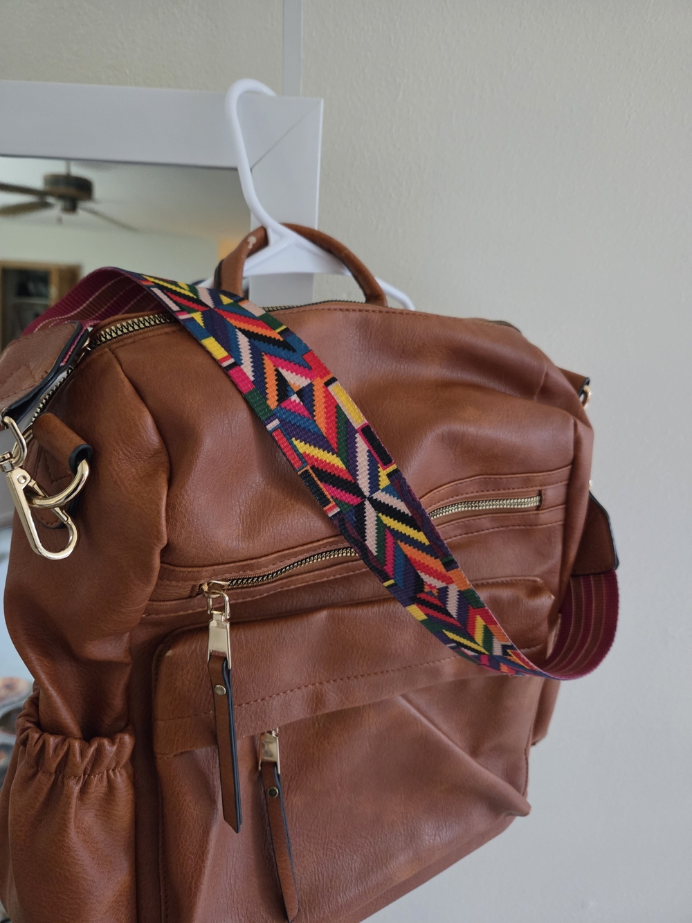 Source Unknown Brown Leather Backpack with Multicolor Geometric Strap
